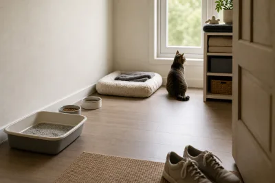 Pièce isolée avec bac à litière, deux gamelles, couchage lavable et paire de chaussures dédiées près de la porte
