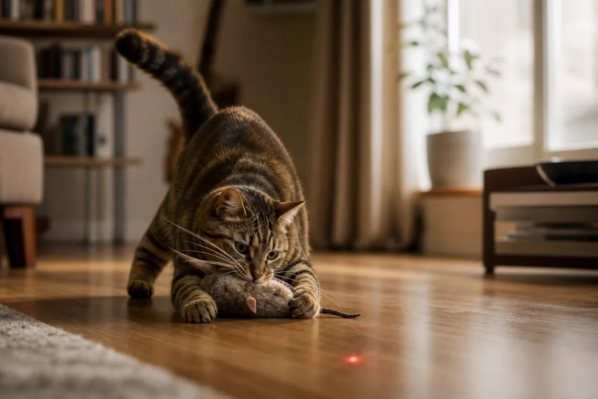 Chat adulte tenant une proie-jouet au sol, point laser rouge visible en arrière-plan