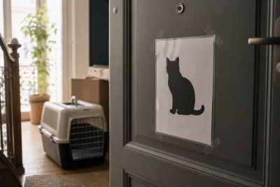 Porte d'entrée d'appartement avec affiche "NE PAS OUVRIR — CHAT" et caisse de transport posée dans le couloir