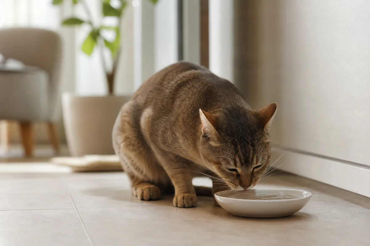 Chat adulte buvant dans un bol en porcelaine placé à l'ombre sur un sol carrelé