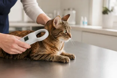 Main d'un vétérinaire tenant un lecteur de puce près de l'épaule d'un chat sur une table d'examen