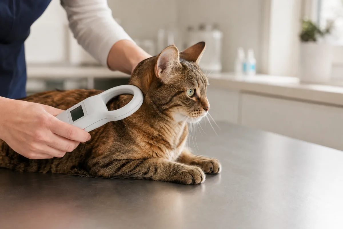 Main d'un vétérinaire tenant un lecteur de puce près de l'épaule d'un chat sur une table d'examen