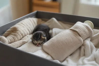 Chaton nouveau-né dans une caisse tapissée de serviettes avec une bouillotte enveloppée