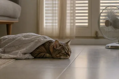 Chat allongé sur carrelage avec serviette humide et ventilateur portable à distance