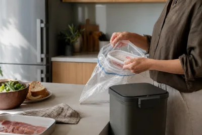 Main plaçant une barquette scellée dans un sac plastique double à côté d'une poubelle de cuisine fermée