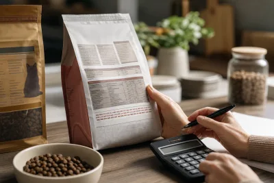 Main tenant une calculatrice près d'une étiquette d'aliment pour chaton en train d'être comparée
