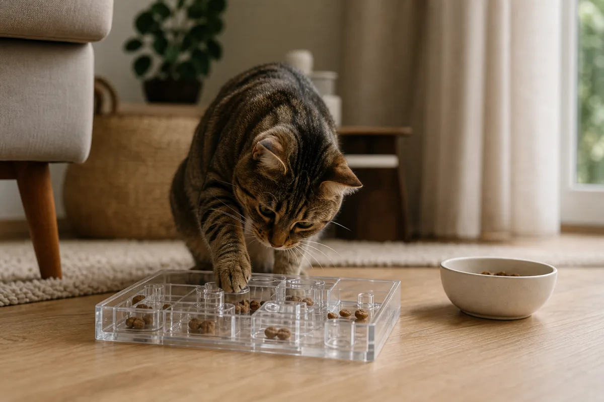Chat examinant un distributeur transparent avec croquettes visibles et bol libre à côté