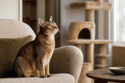 Chat tournant la tête et les oreilles vers une voix humaine hors champ, intérieur lumineux