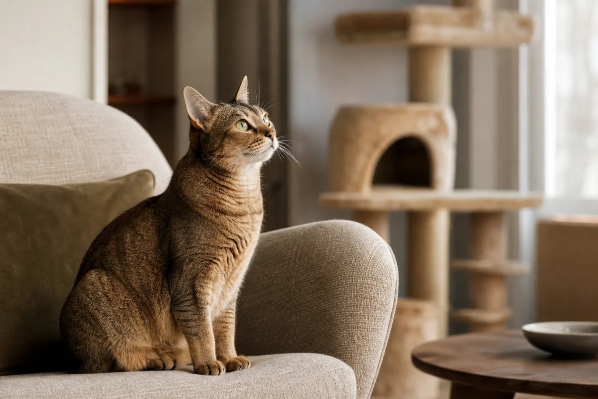 Chat tournant la tête et les oreilles vers une voix humaine hors champ, intérieur lumineux