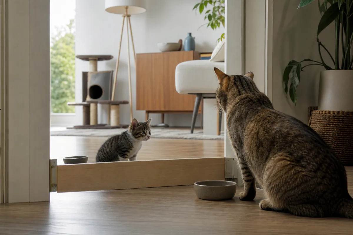 An adult cat and a kitten seen through a low barrier/half-open door, contemporary living room with visible cat tree and clear escape routes