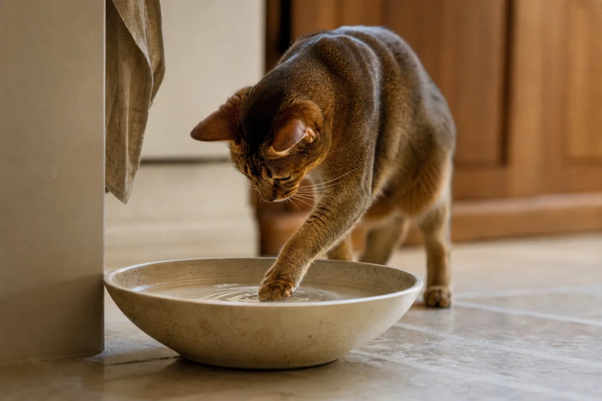 Patte de chat plongeant dans un bol d'eau peu profond