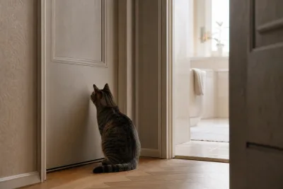 Chat assis, attentif, au bas d’une porte de salle de bains fermée dans un couloir