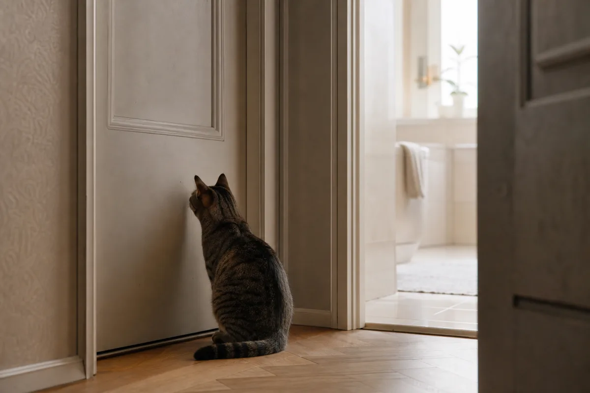 Chat assis, attentif, au bas d’une porte de salle de bains fermée dans un couloir