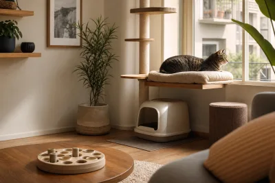 Coin d'appartement aménagé : perchoir près d'une fenêtre, distributeur d'occupation et couchage