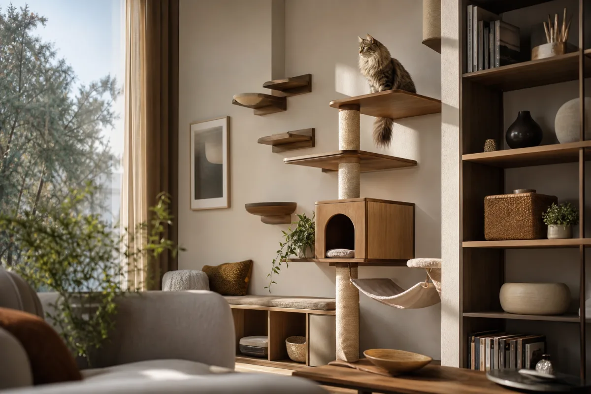 Coin de salon aménagé pour chat sibérien : étagères et perchoirs verticaux reliés