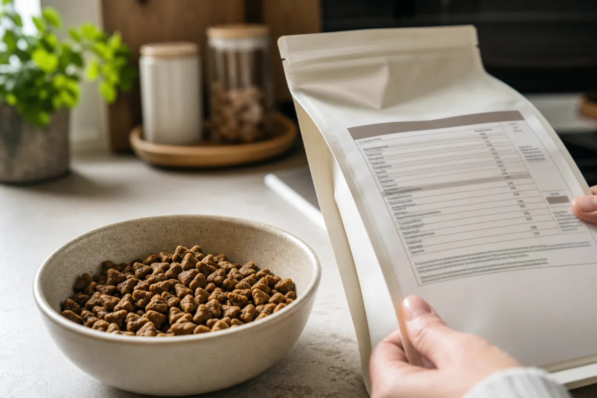 Close-up of a bowl of dry kibble next to an opened pet-food label, kitchen counter with natural light, neutral background