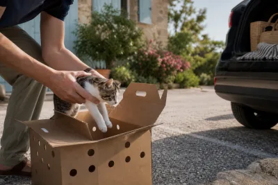 Main plaçant un chaton dans une caisse en carton ventilée sur un bas-côté de parking