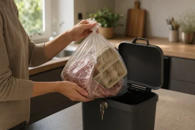 Main déposant une barquette scellée et une boîte d’œufs dans une poubelle de cuisine fermée
