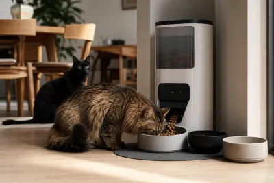 Automatic cat feeder in a home dining corner with multiple bowls visible, residential kitchen/dining area with natural light