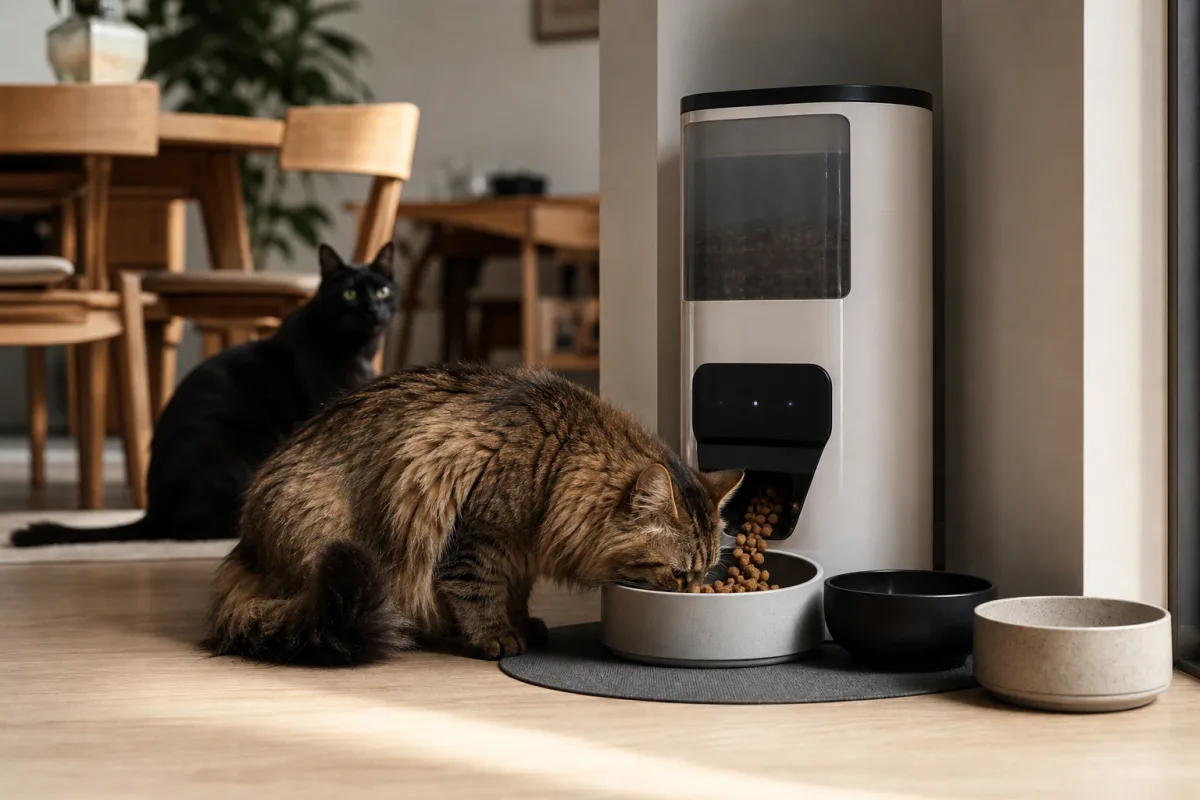 Automatic cat feeder in a home dining corner with multiple bowls visible, residential kitchen/dining area with natural light