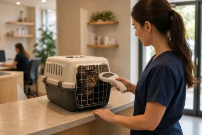 Technicien approchant un lecteur de puce électronique près d’une caisse de transport contenant un chat