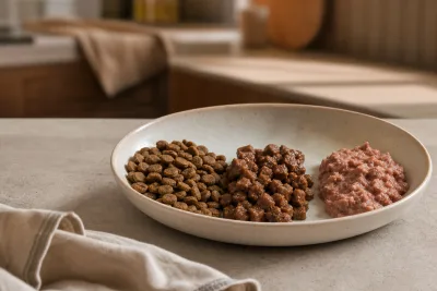 Trois portions côte à côte : croquettes sèches, croquettes semi‑humides et pâtée, montrant la différence de texture