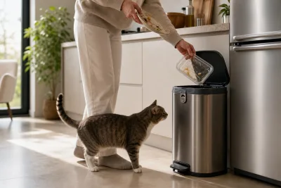 Poubelle à pédale verrouillée sur fond de plan de travail, chat s'approchant en reniflant