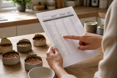Main indiquant une fiche nutrition près de boîtes de pâtée ouvertes sur un plan de travail