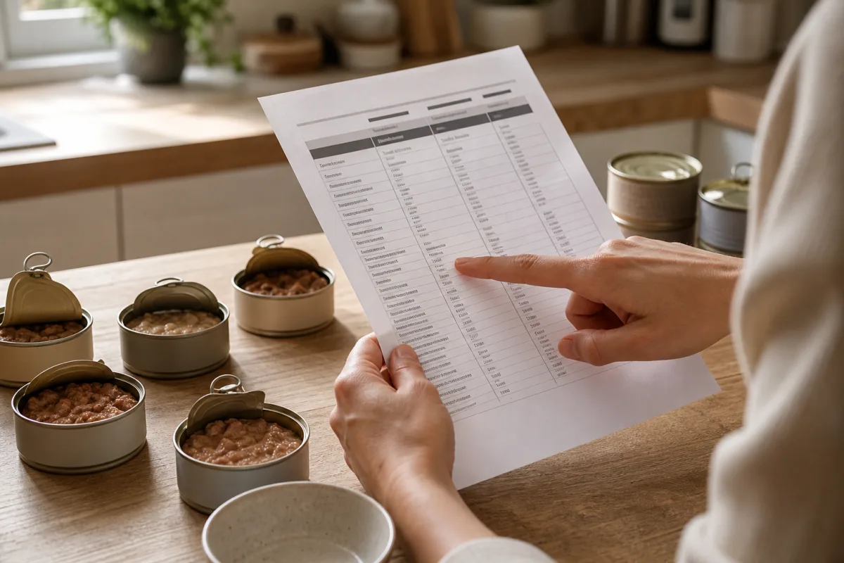 Main indiquant une fiche nutrition près de boîtes de pâtée ouvertes sur un plan de travail