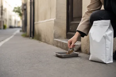 Main posant une portion de croquettes sur un plateau inox amovible au bord d’un trottoir