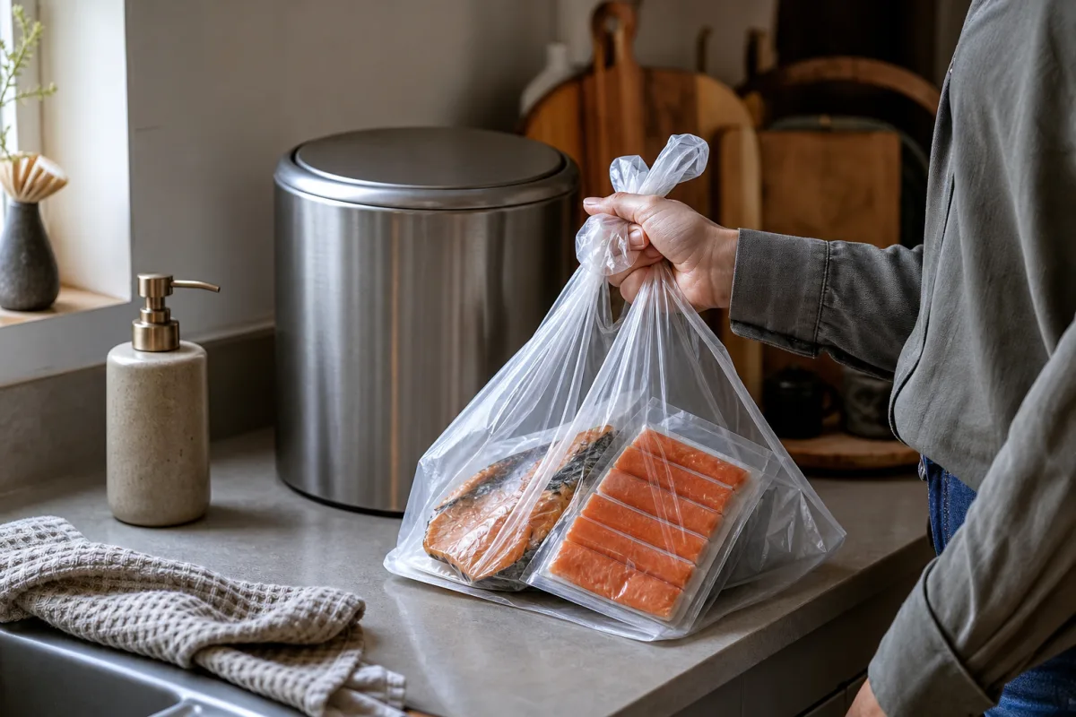 Paquet scellé de surimi dans un sac fermé posé sur un plan de travail de cuisine