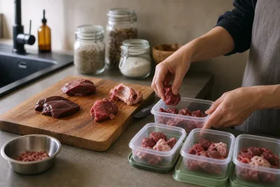 Mains préparant des portions de viande crue sur une planche dédiée, contenants étiquetés à côté