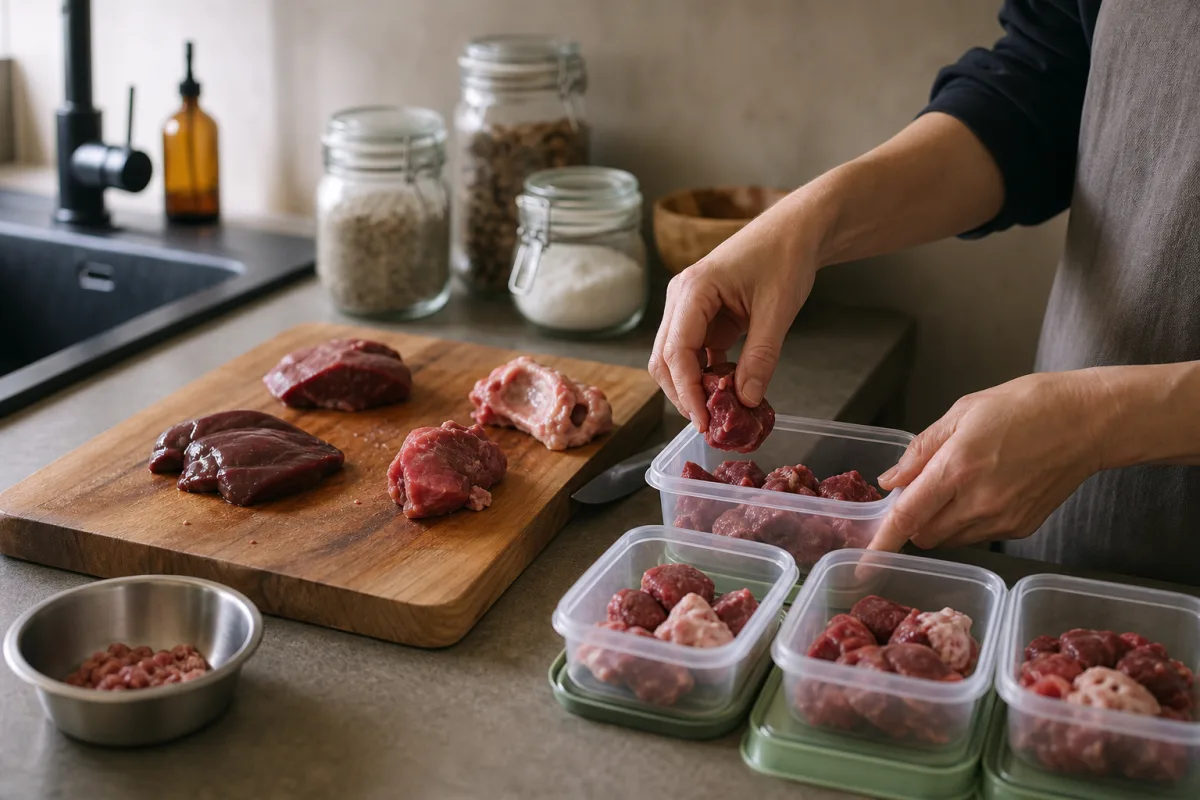 Mains préparant des portions de viande crue sur une planche dédiée, contenants étiquetés à côté