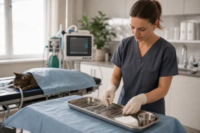 Infirmière vétérinaire préparant un plateau opératoire et un moniteur près d'un chat sur une table