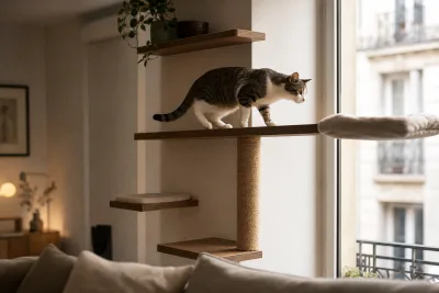 Chat domestique montant sur des étagères murales et une plateforme près d'une fenêtre, lumière naturelle douce