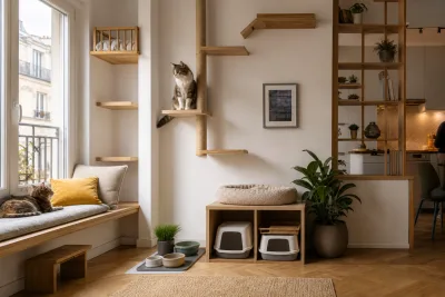 Coin d'appartement aménagé pour chats : étagères, plateformes murales et perchoir devant une fenêtre