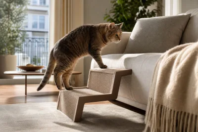 Chat âgé hésitant avant de monter sur un canapé via une petite rampe stable