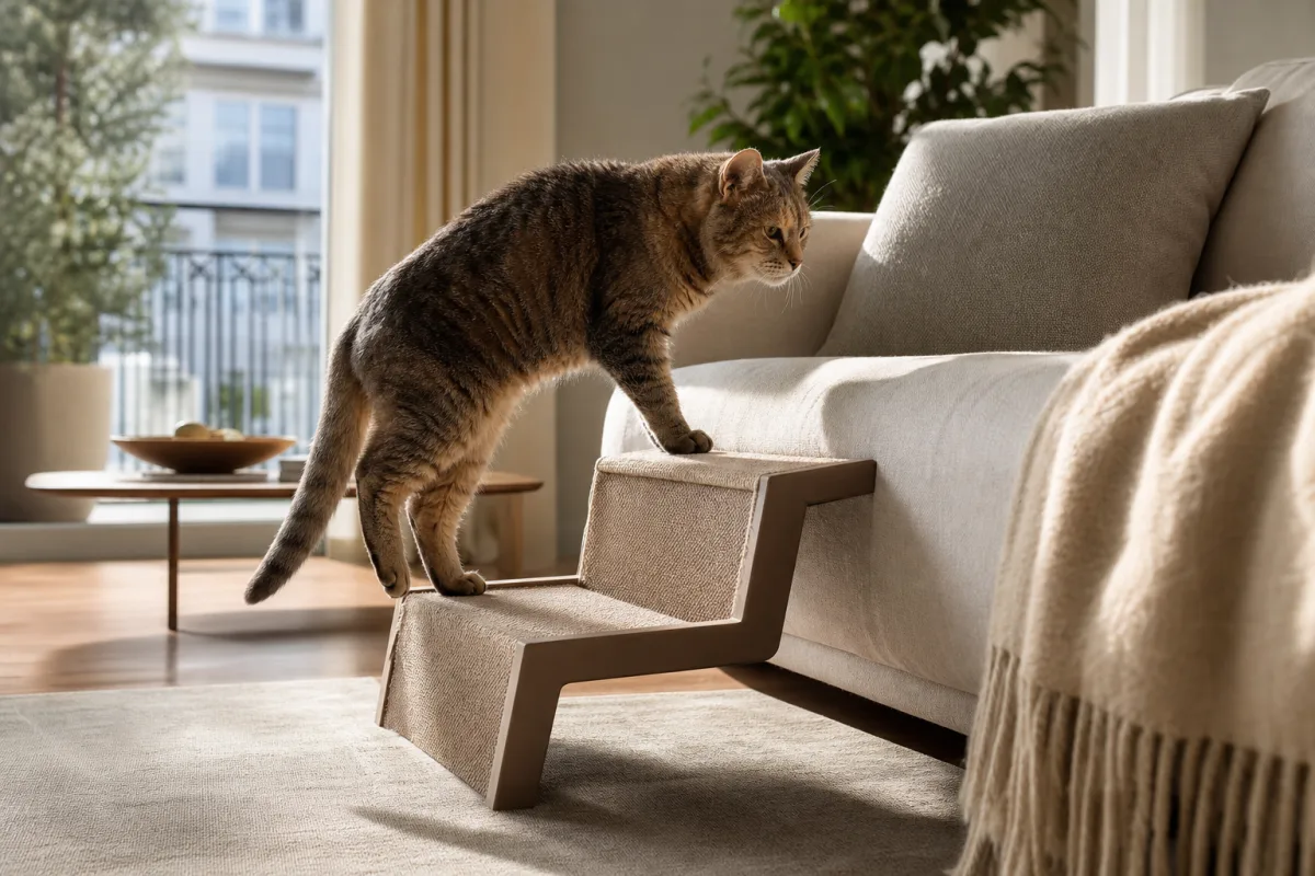 Chat âgé hésitant avant de monter sur un canapé via une petite rampe stable