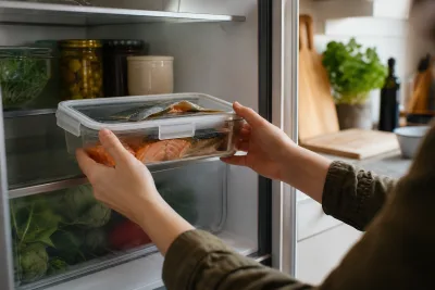 Mains rangeant une boîte hermétique contenant du poisson fumé dans un réfrigérateur, queue de chat en arrière‑plan