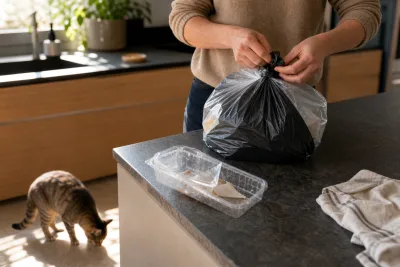 Main fermant un double-sac contenant une barquette rappelée, chat au sol reniflant la zone