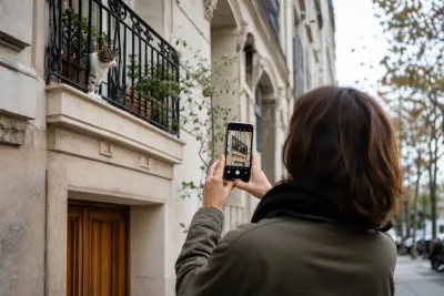 Personne sur le trottoir filmant un chat visible sur un balcon, façade et numéro de rue lisibles