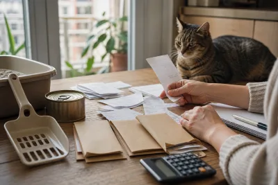 Mains triant des reçus et enveloppes étiquetées près d'une boîte de nourriture pour chat et d'une pelle de litière