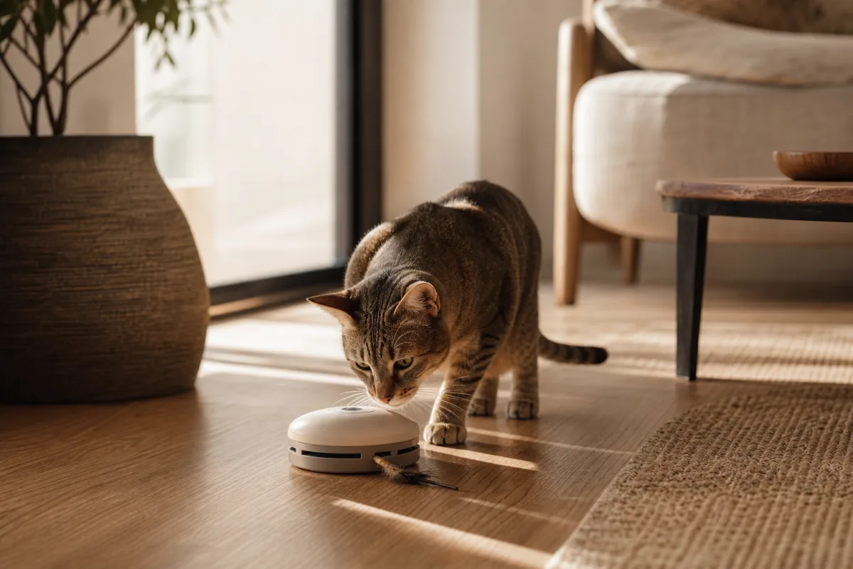 Chat reniflant un jouet électronique arrêté posé au sol dans un coin de salon