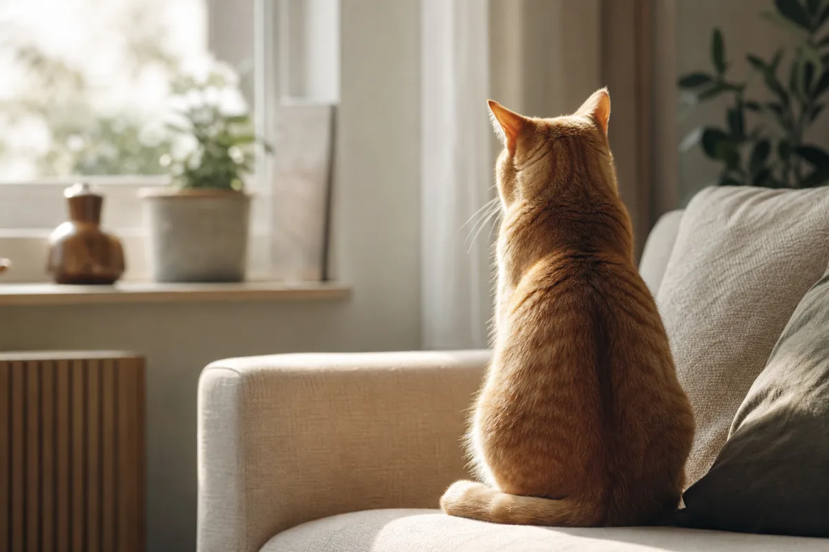 Chat assis de dos sur un canapé, queue détendue, regard tourné vers une fenêtre
