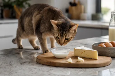 Chat s'approchant d'un plateau de fromage ouvert et d'un bol de lait sur un plan de travail de cuisine