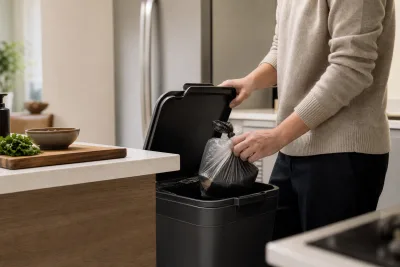 Main d'une personne déposant un produit alimentaire double-saché dans une poubelle rigide à couvercle