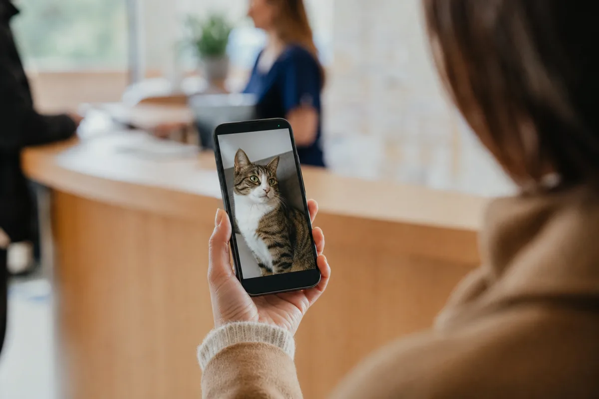 Main tenant un smartphone affichant un appel vidéo montrant un chat, fond de réception vétérinaire flou