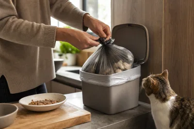 Mains enfermant des restes alimentaires dans un sac poubelle doublé près d’une poubelle de cuisine, chat en arrière-plan