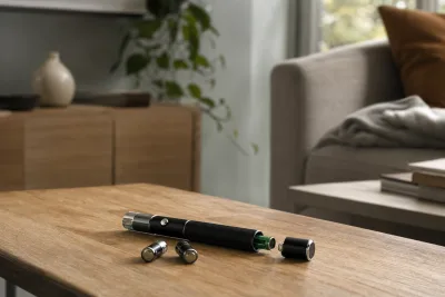 Pointeur laser vert posé, compartiment piles ouvert et piles sorties, sur une table basse
