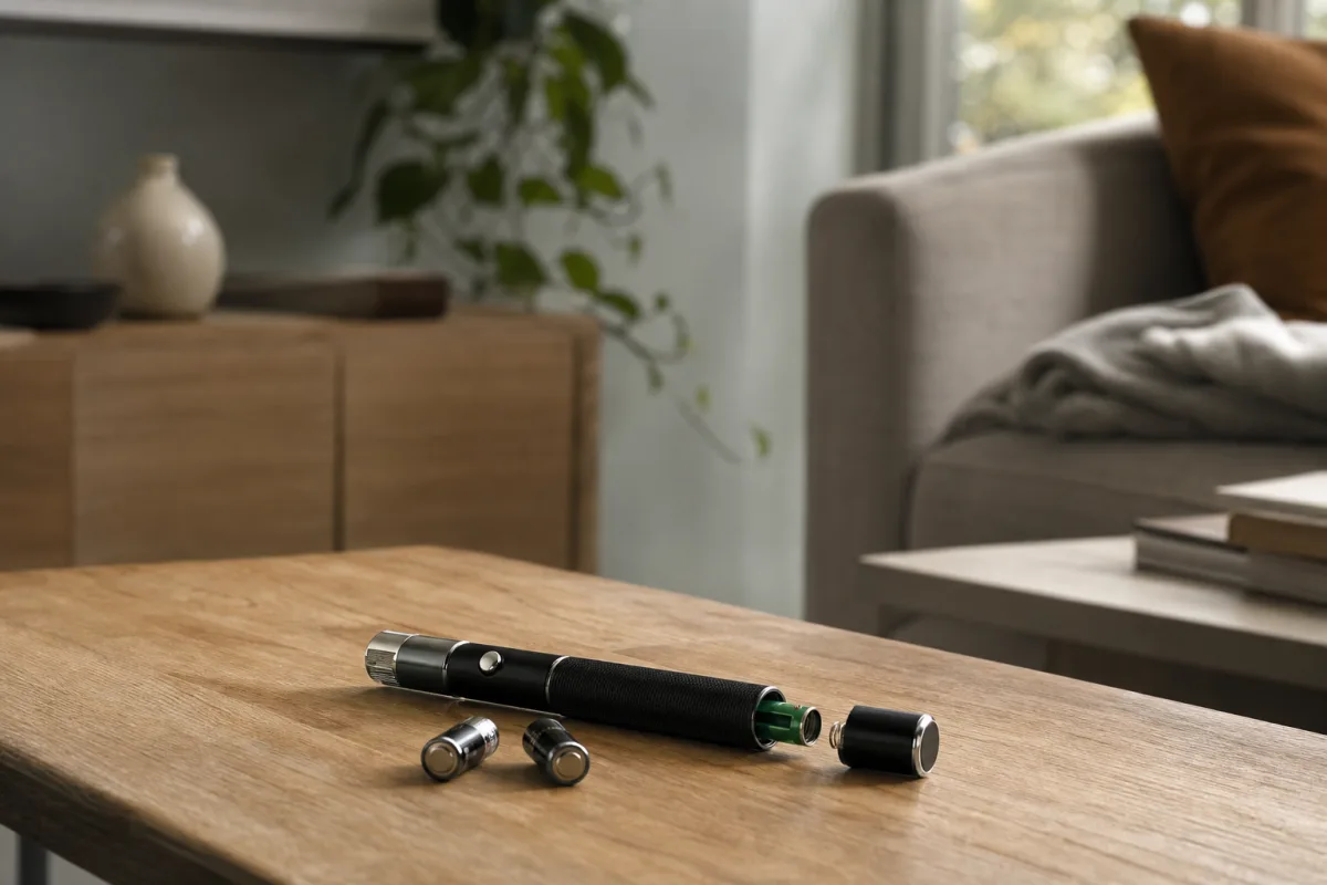 Pointeur laser vert posé, compartiment piles ouvert et piles sorties, sur une table basse